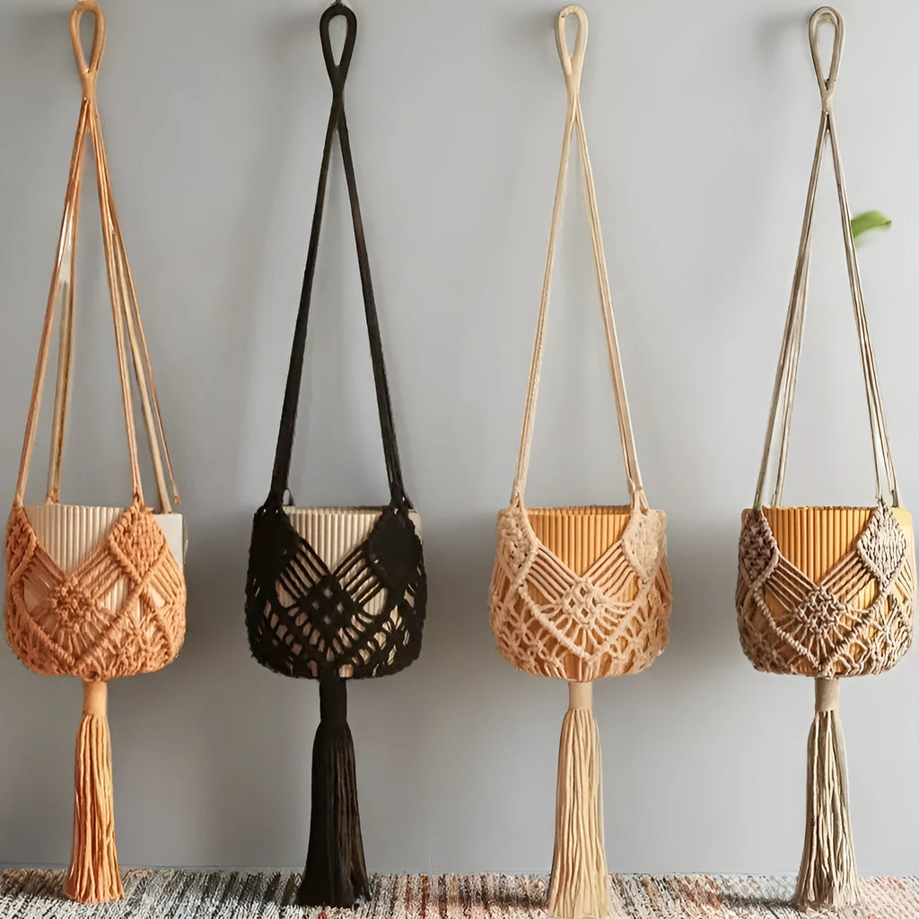 Hand-woven minimalist flower pot in a neutral colour with a woven net pocket extension cord.
