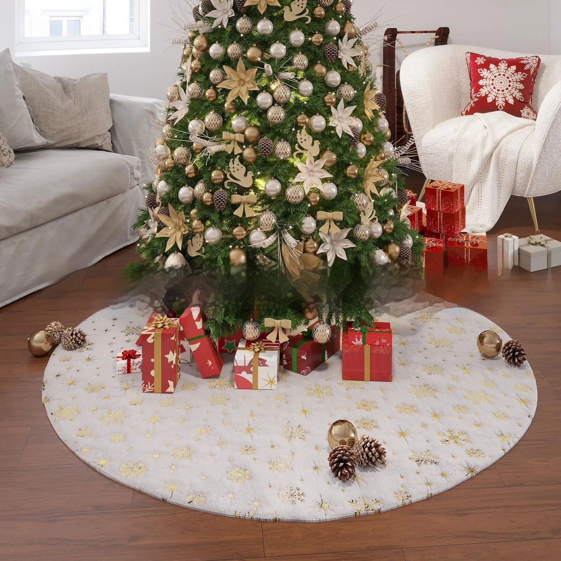 Plush Christmas tree style rug mat on floor in one of four available sizes.