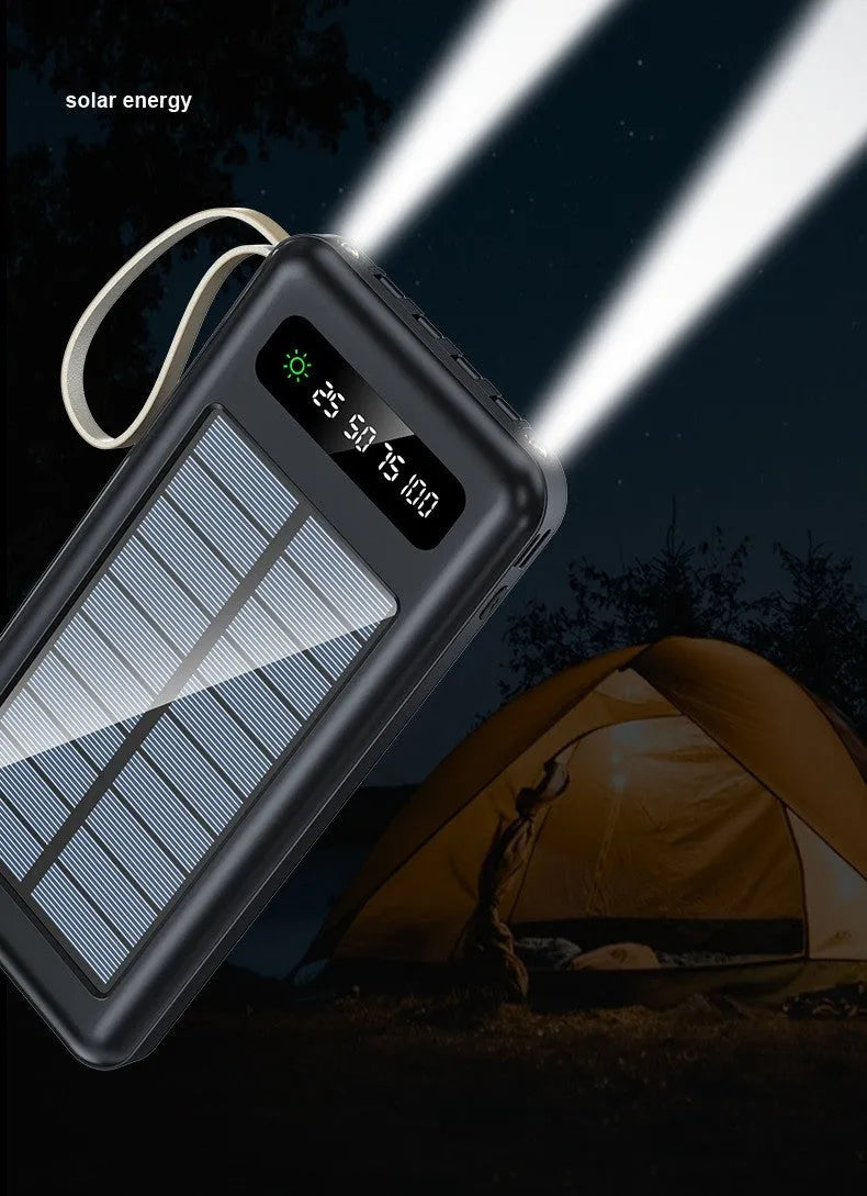 Solar power bank in black or white showing solar panel and compact rectangular design with capacity options