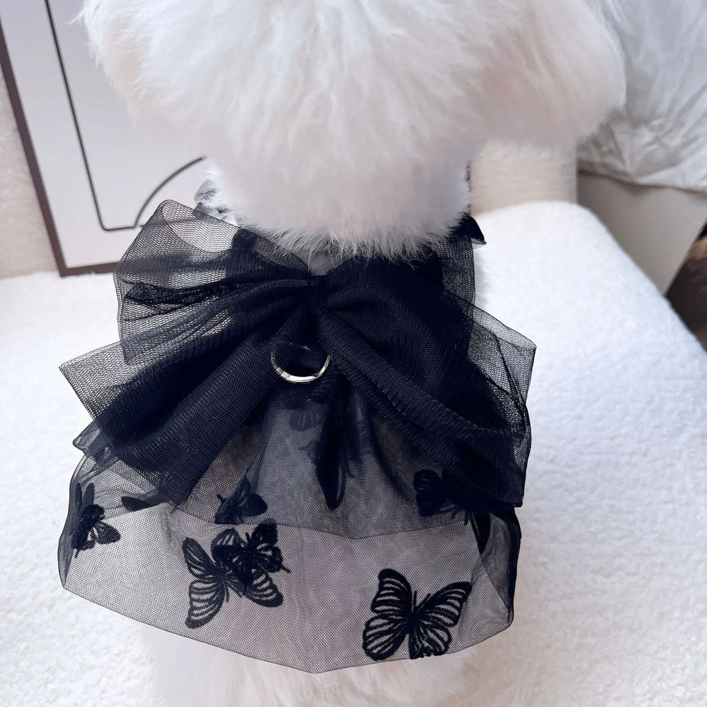 Black gauze princess tulle skirt for small dogs and cats with size chart showing XS to XL options