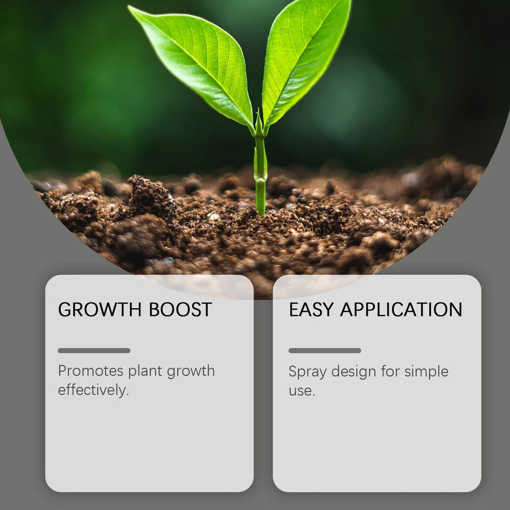 Plant Growth Boost 120ml plant nutrition spray bottle with ingredients listed: water, glycerin, urea, 1,2-hexanediol, potassium chloride