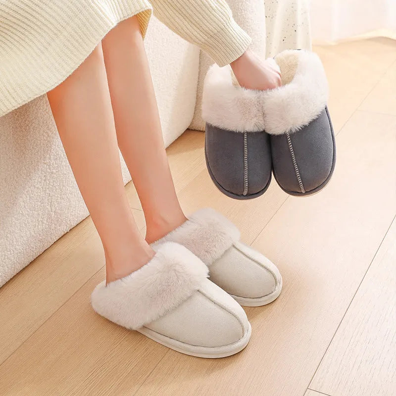 Women's plush winter slippers with artificial wool lining and anti-slip PVC soles in multiple colours