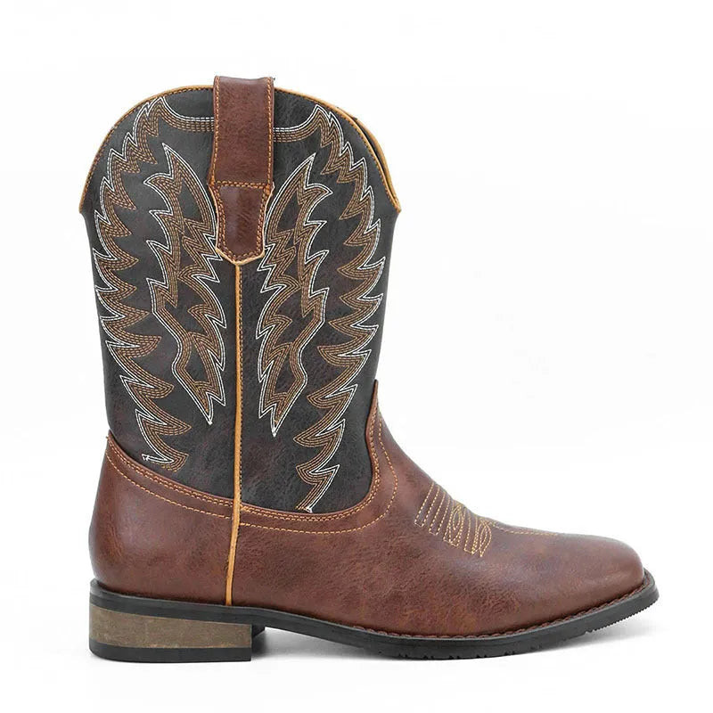 Men's Western denim square toe motorcycle boots with low wedge heel, artificial leather upper, and embroidery detail