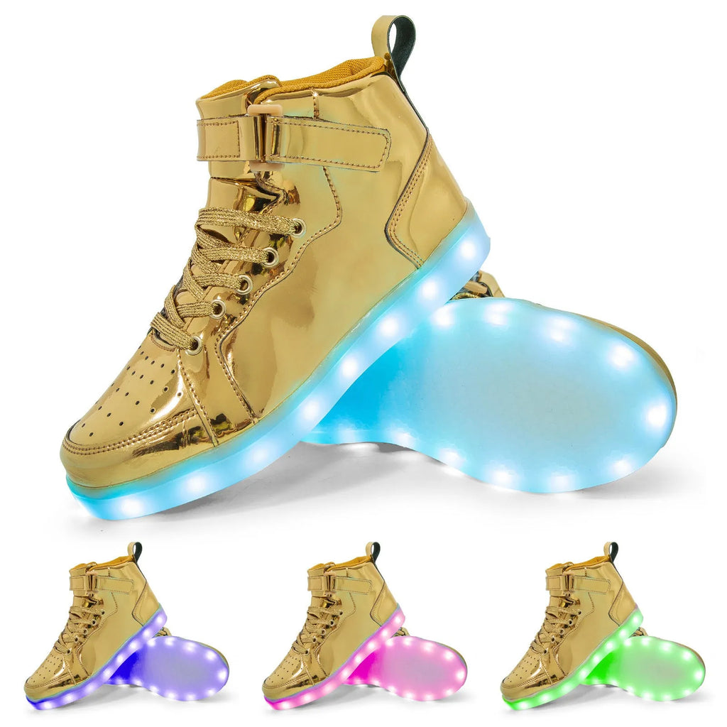 LED light-up high-top board shoes with velcro closure in multiple colour options