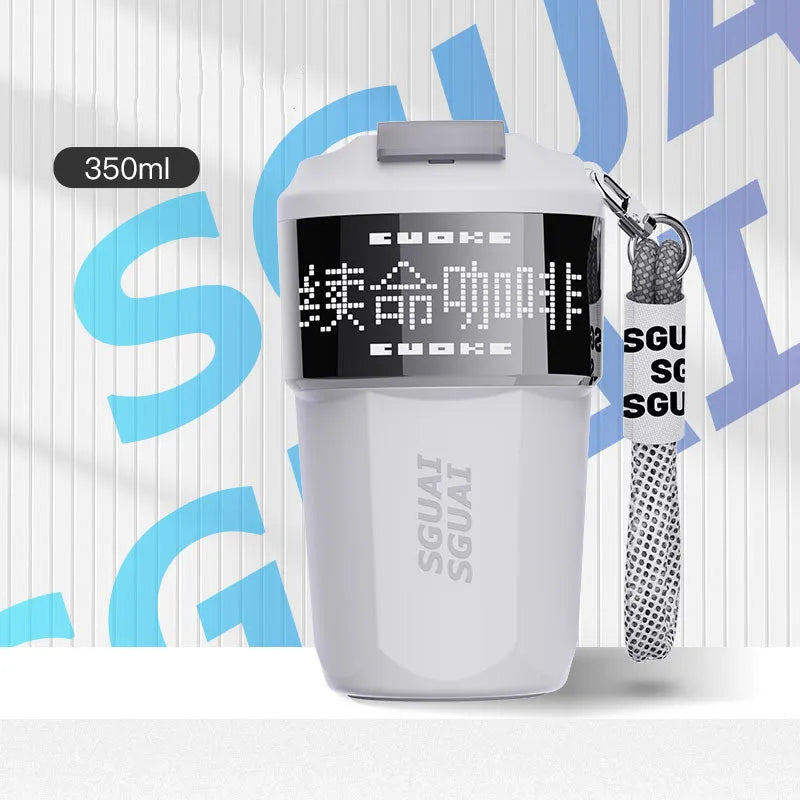 Small 50ml stainless steel portable coffee cup in Japanese style showing blue, grey, orange, and white colour options.