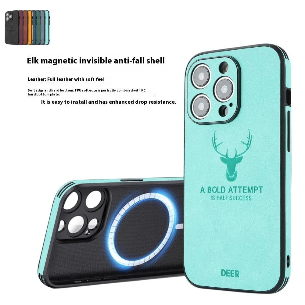 Magnetic charging moose head imitatin leather phone case for iPhone 16, black colour, embossed design