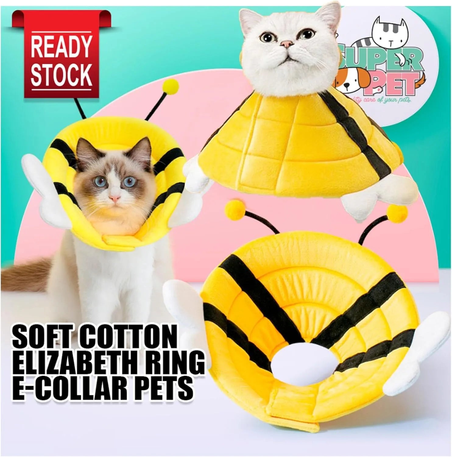 Soft white cat cone collar with black bee design and adjustable Velcro strap
