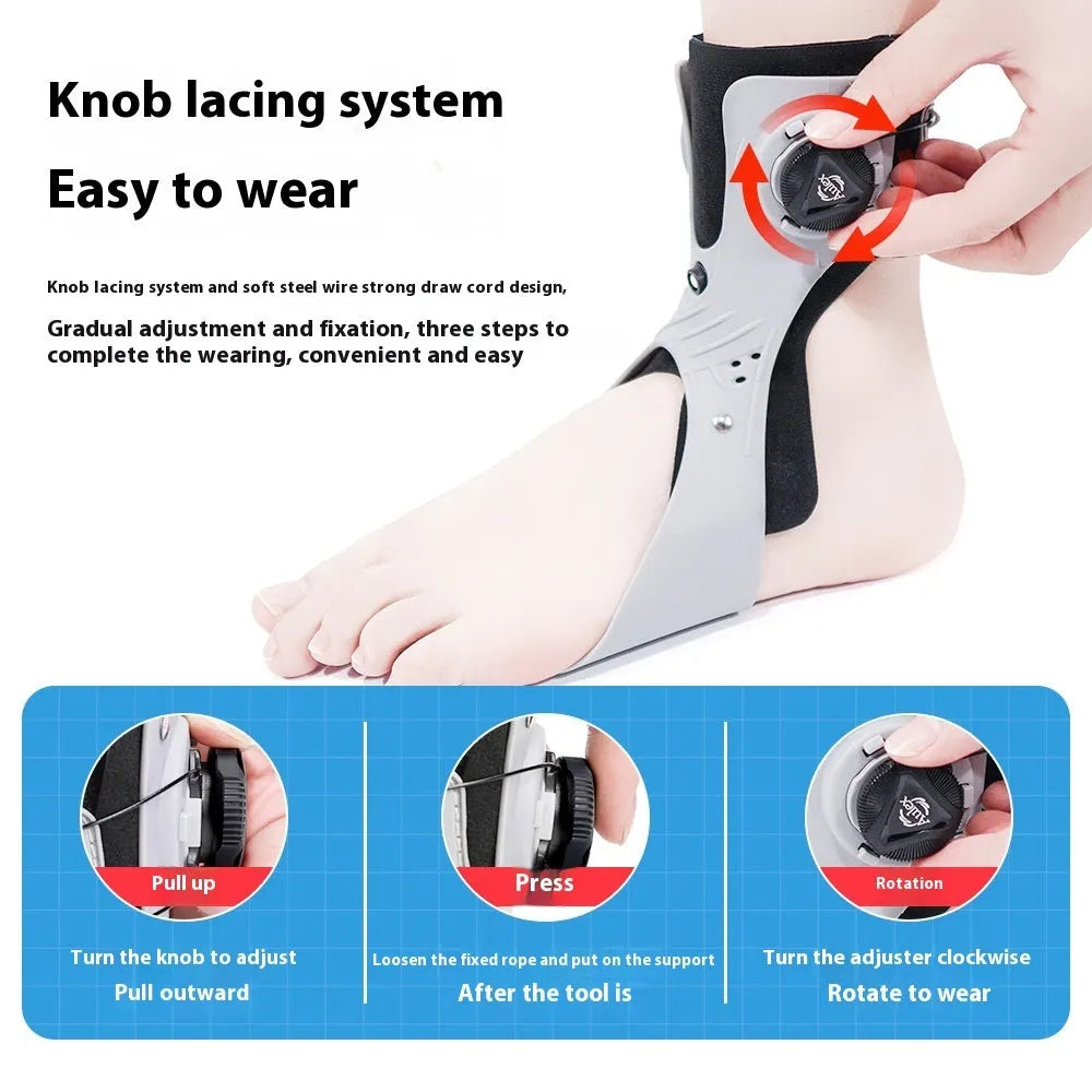 Black and grey adjustable ankle support brace with airbag button, shown in left and right specific fittings.