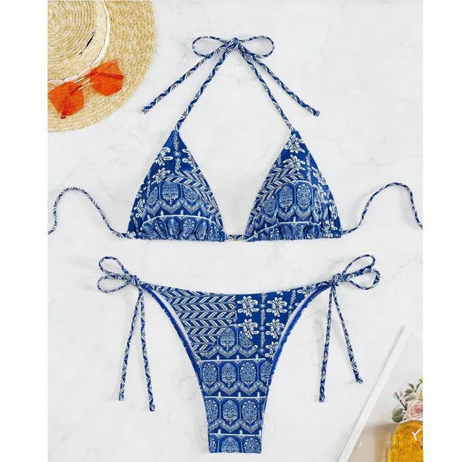 Women's bandage design bikini swimsuit with printing stitching detail in polyester material