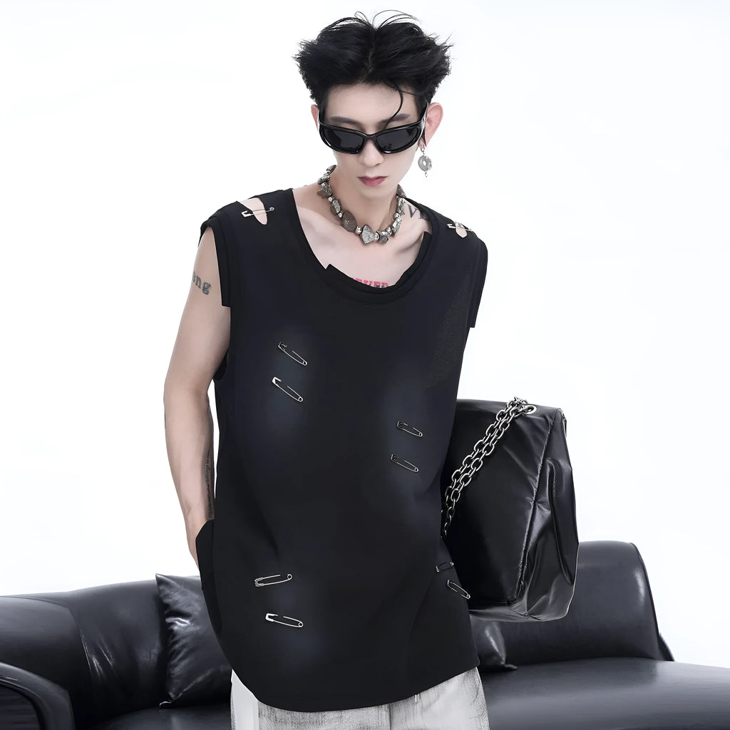 Men's black sleeveless vest with irregular cutting piece design and round neck collar