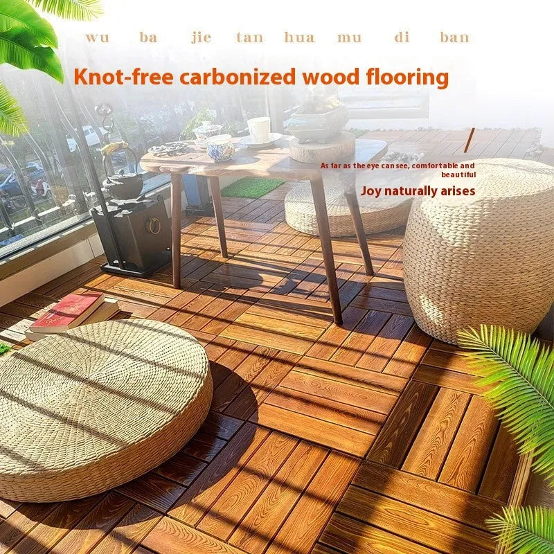 Camphor pine wood flooring tiles showing interlocking edges and wood grain texture