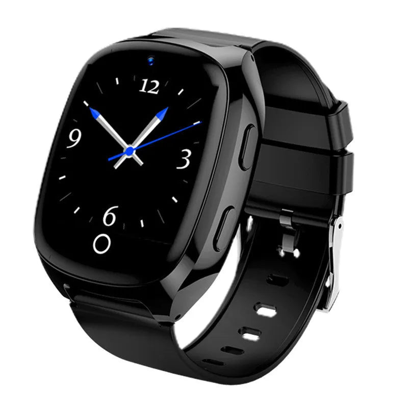 GPS location tracker phone watch with 1.54-inch touch screen, black, English version, showing front face and band
