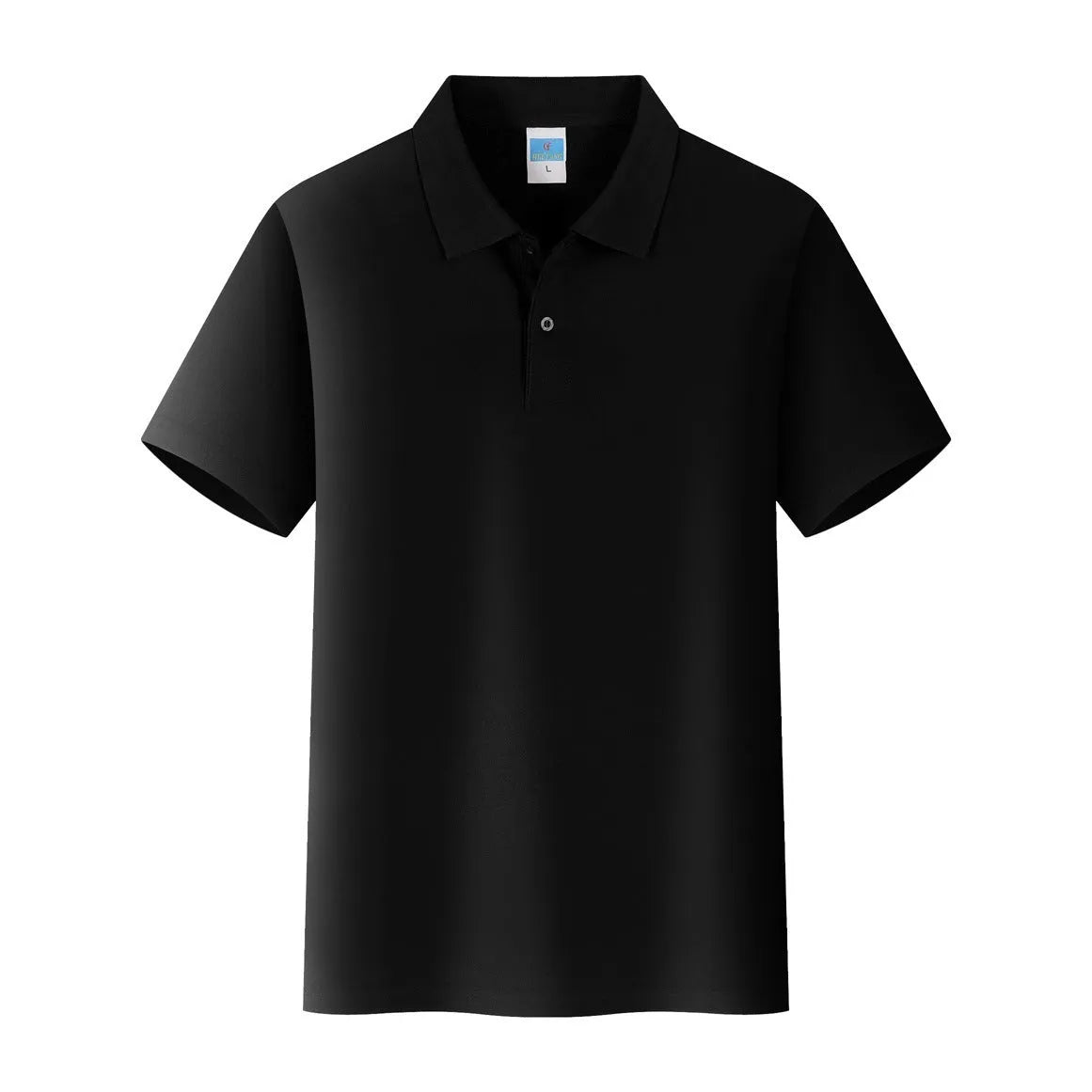 Short-sleeved cotton advertising work shirt on a hanger, straight fit, for custom embroidery.