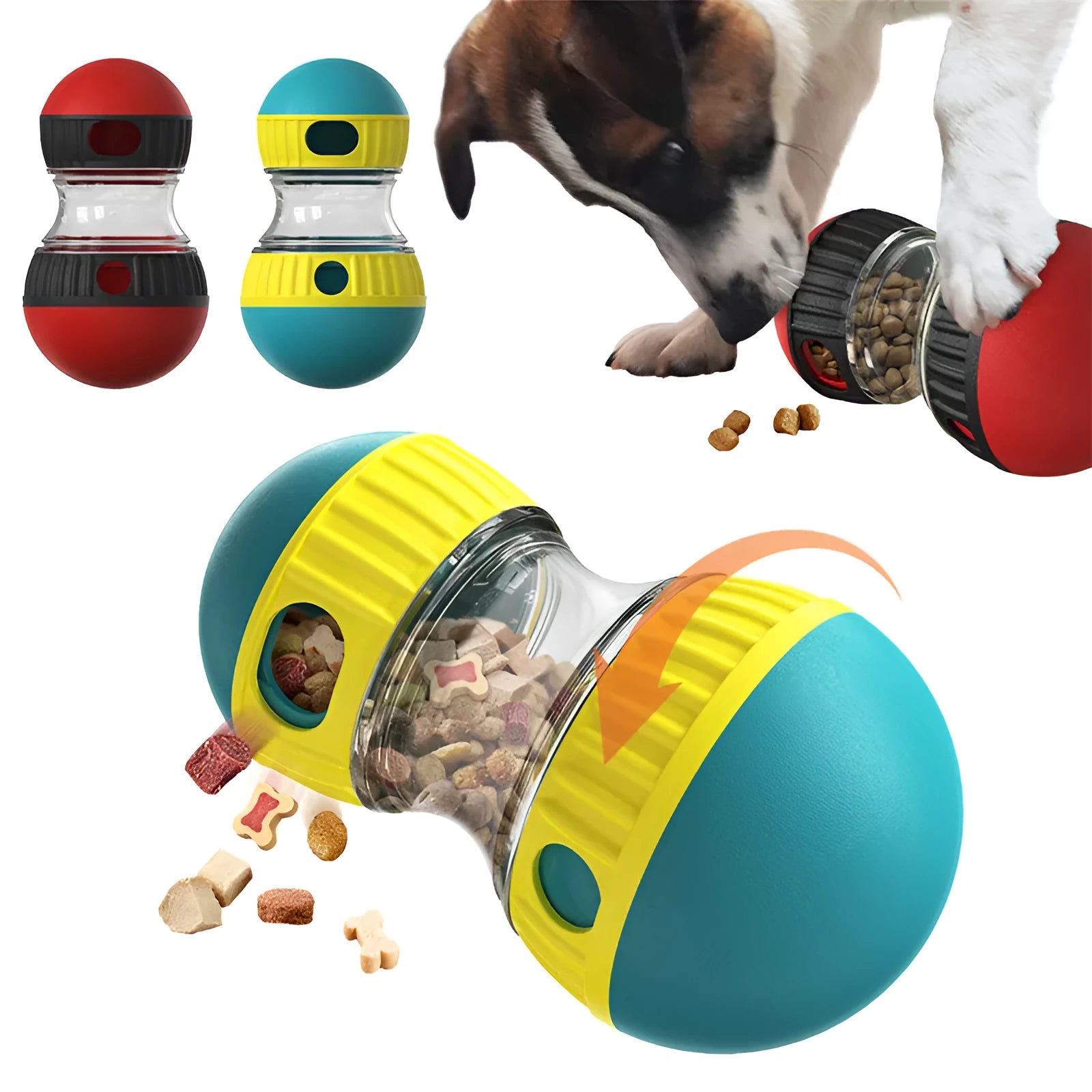 Food dispensing dog toy tumbler in Lake Blue with adjustable leak opening and soft rubber roller for quiet play