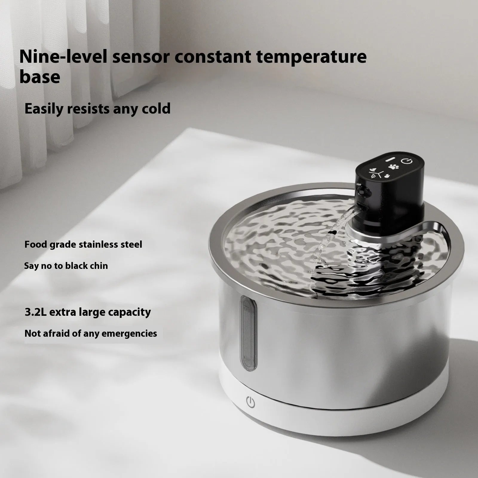 Stainless steel pet water fountain with constant temperature heating base for dogs and cats.