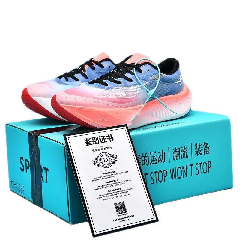 Low-top carbon plate racing sneakers in multiple colours on a natural rubber sole.