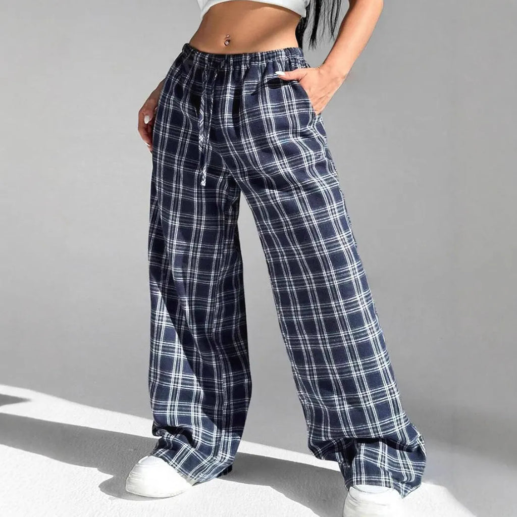 Women's casual loose fit trousers with drawstring waist and plaid pattern in red colour
