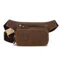 Brown top layer cowhide leather men's sports waist bag with pull closure.
