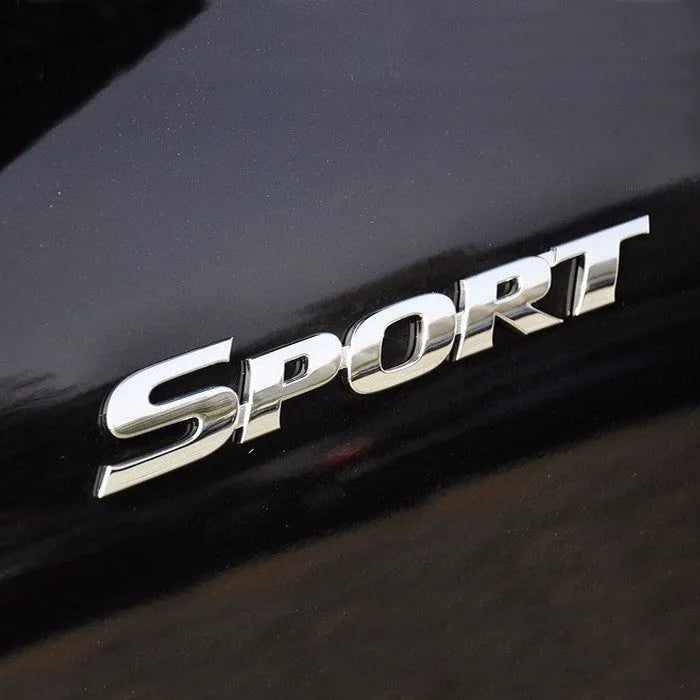 Sport tail sticker in silver electroplated finish, ABS material, 11.3cm length
