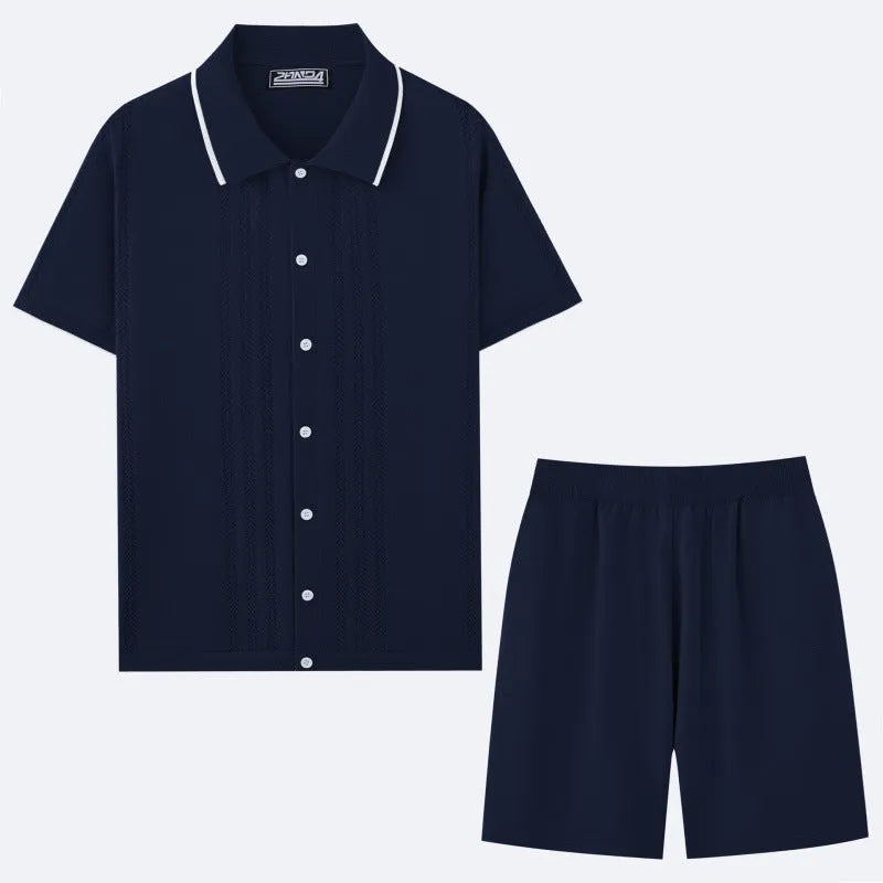 Women's khaki Tencel knit short-sleeve top and shorts two-piece business casual set.