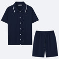 Women's khaki Tencel knit short-sleeve top and shorts two-piece business casual set.