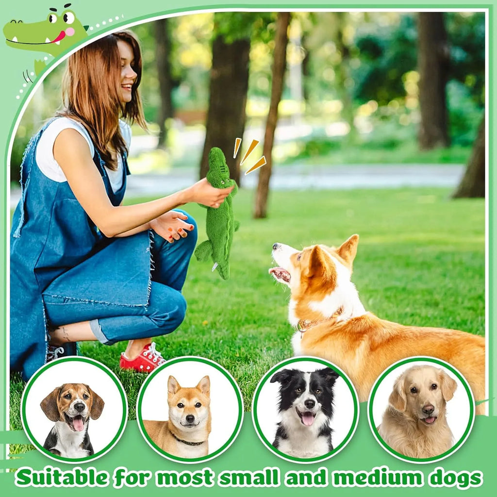 Green plush crocodile dog toy with no stuffing, featuring a squeaker head and crinkle paper tail.