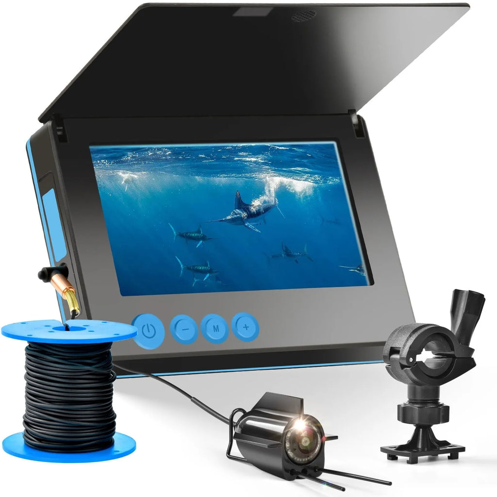 Fish finder underwater camera with 4.3-inch screen, showing wide-angle underwater view with night vision lights illuminated.