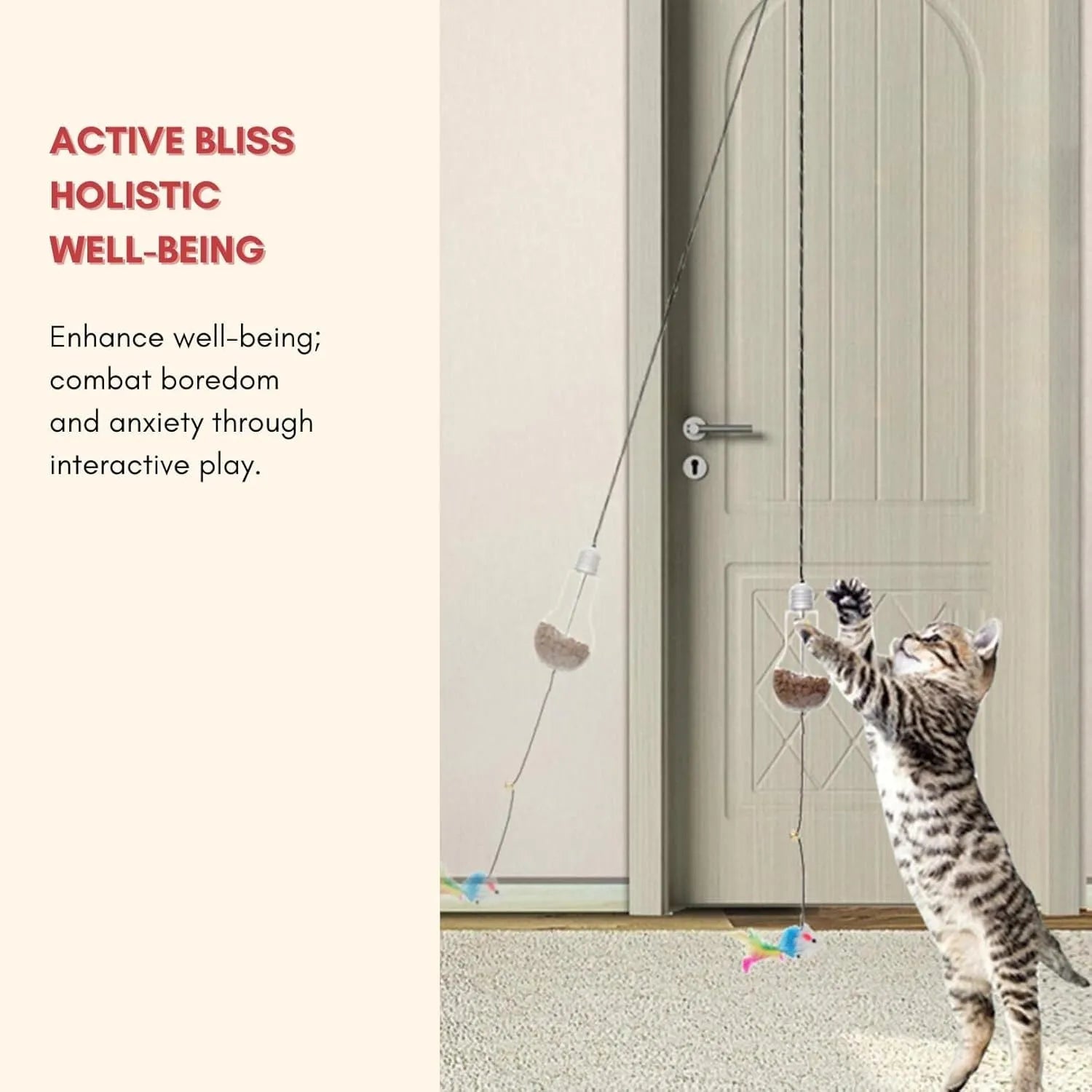 Gray creative interactive cat toy hanging on door frame with treat-dispenser bulb and dangling mouse toy