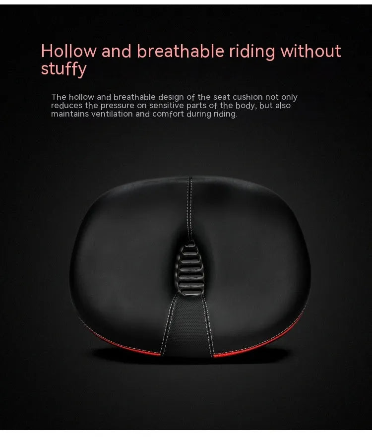 Thickened plus-size bicycle saddle in red, grey, or light brown with reflective stickers and PU cover.