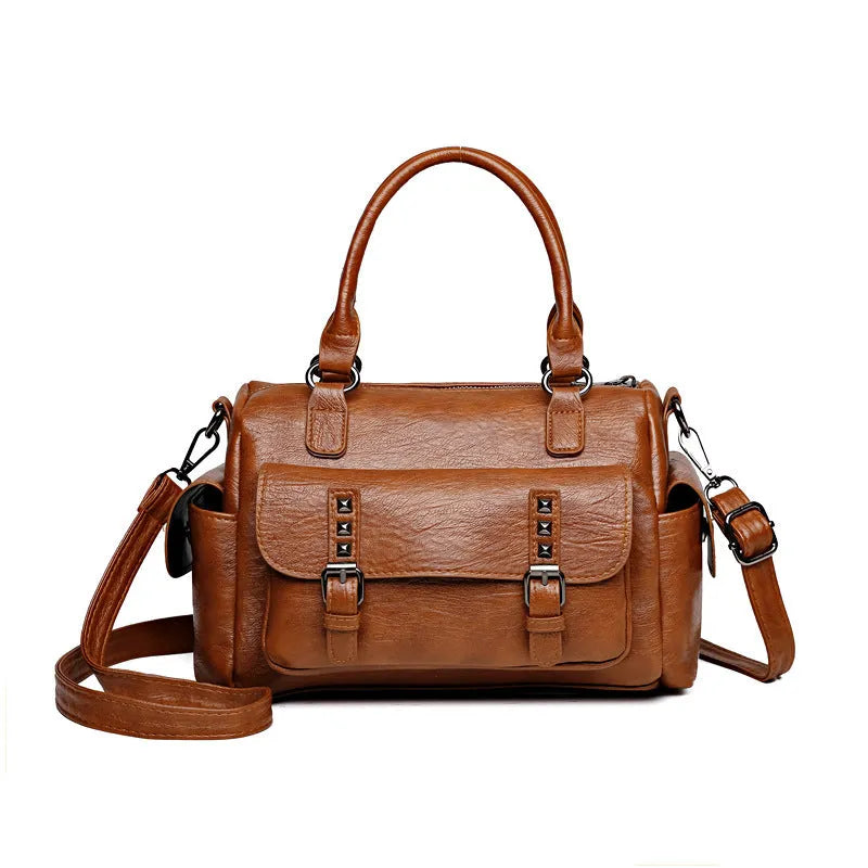 Large vintage-style PU leather messenger bag in a horizontal square shape with contrast stitching.