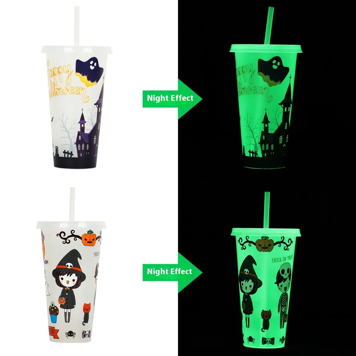 720ml plastic Halloween sippy cup with luminous straw in one of six colours