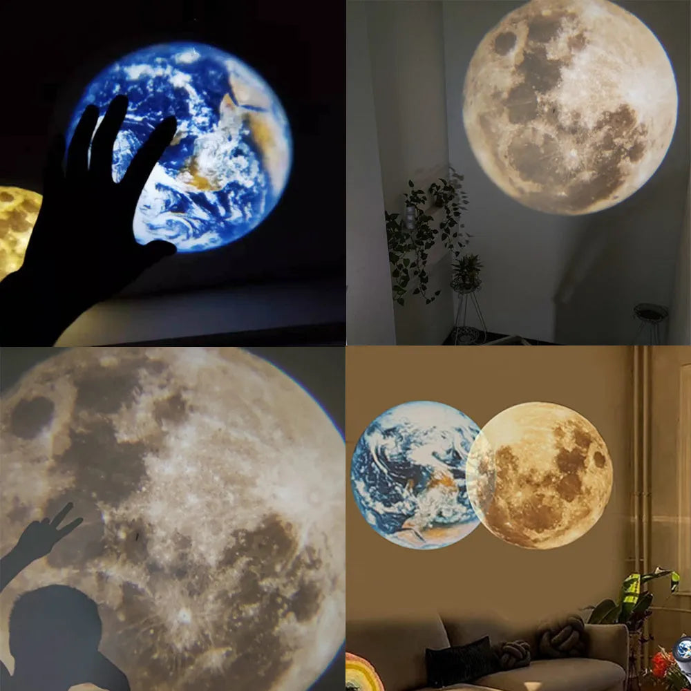 Earth and Moon star projection lamp with adjustable hose bracket on wooden surface