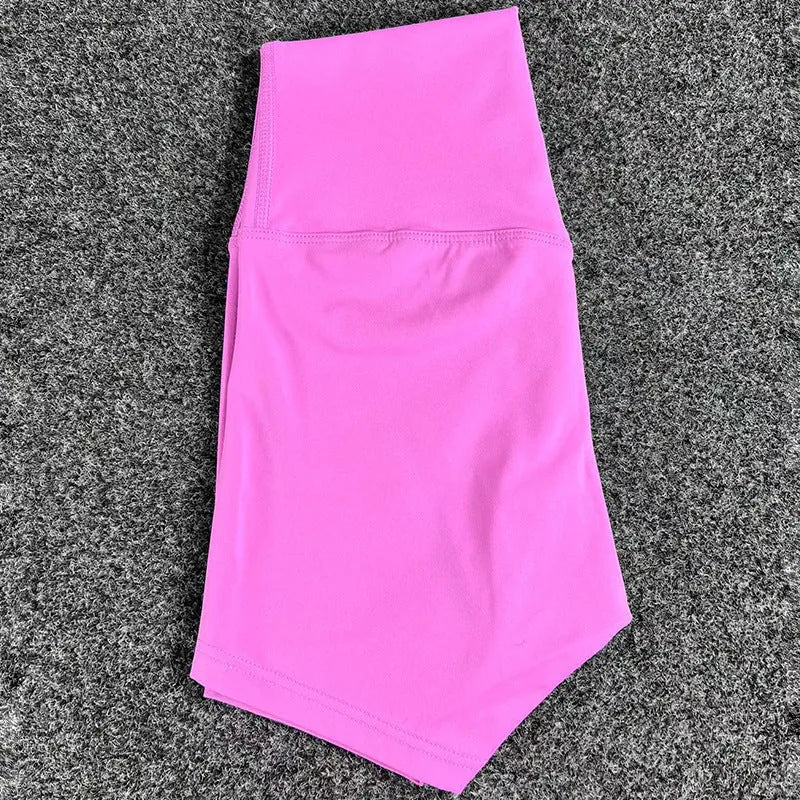 Women's high-waisted yoga shorts in nylon fabric, shown in multiple colours including black and pink litchi.