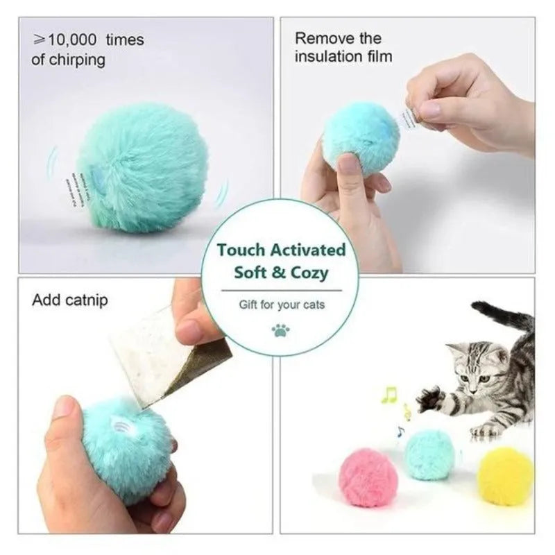 Interactive cat toy ball in blue, pink or yellow with 55mm diameter and animal sound activation
