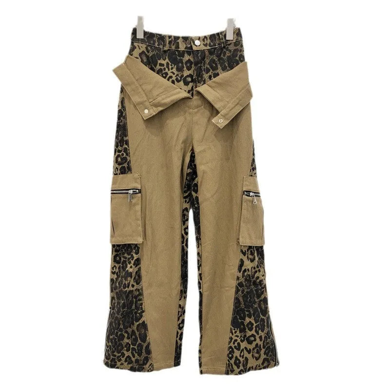 Dark khaki leopard print high waist jeans with fake two stitching detail and straight leg cut
