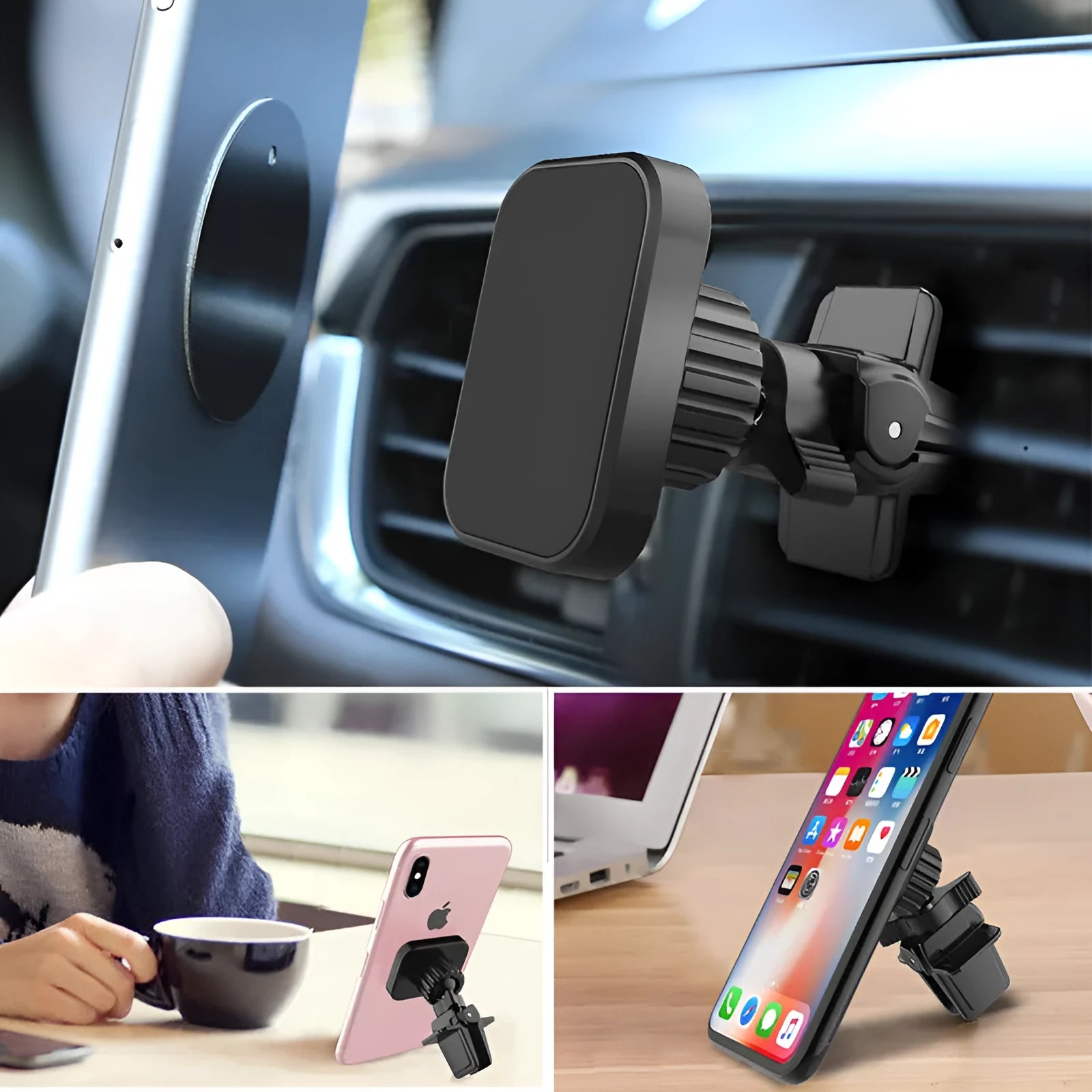 Black magnetic car phone holder mounted on vehicle air vent with mobile phone attached