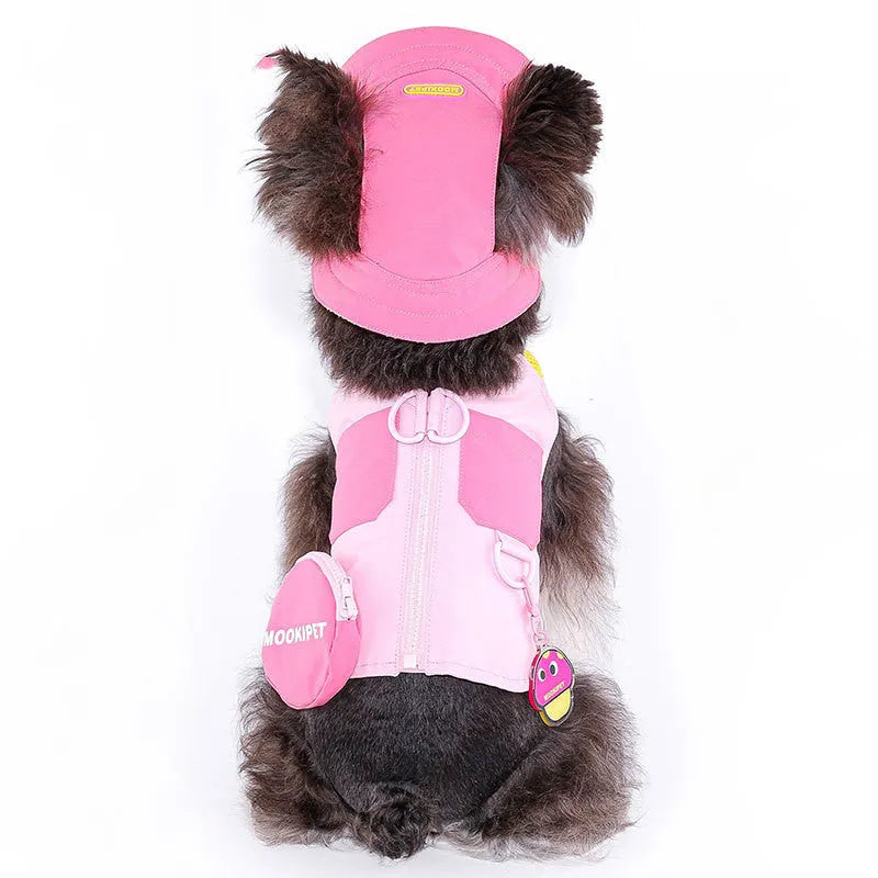 Pink pet traction vest made from 100% polyester fibre with leash ring hole, available in sizes XXS to XXL.