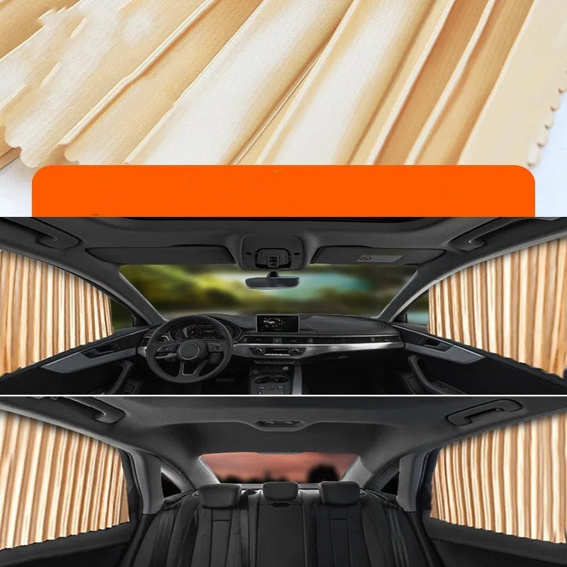 Retractable car sunshade curtain in opaque cloth, gold silver black colours, roller shutter design