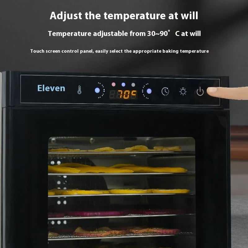 Stainless steel food dehydrator machine with multiple stacking trays and an LED control panel.