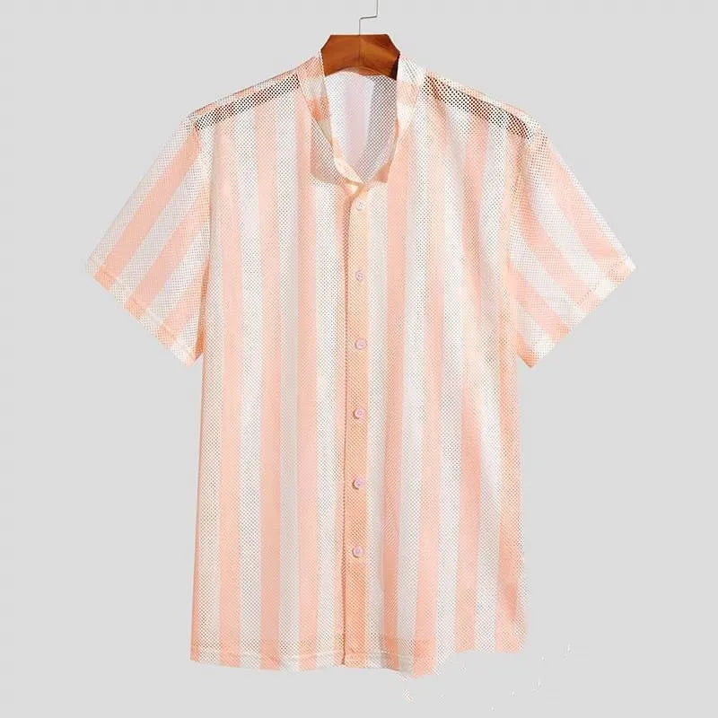 Men's pink loose-fit waffle-textured short-sleeve cardigan shirt on a hanger.