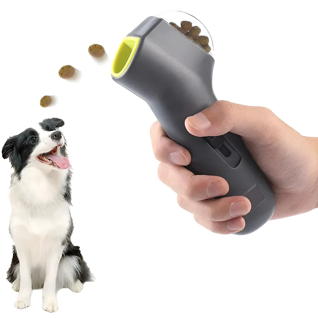 Grey dog treat catapult launcher measuring 18cm with spring trigger for 3 metre snack ejection