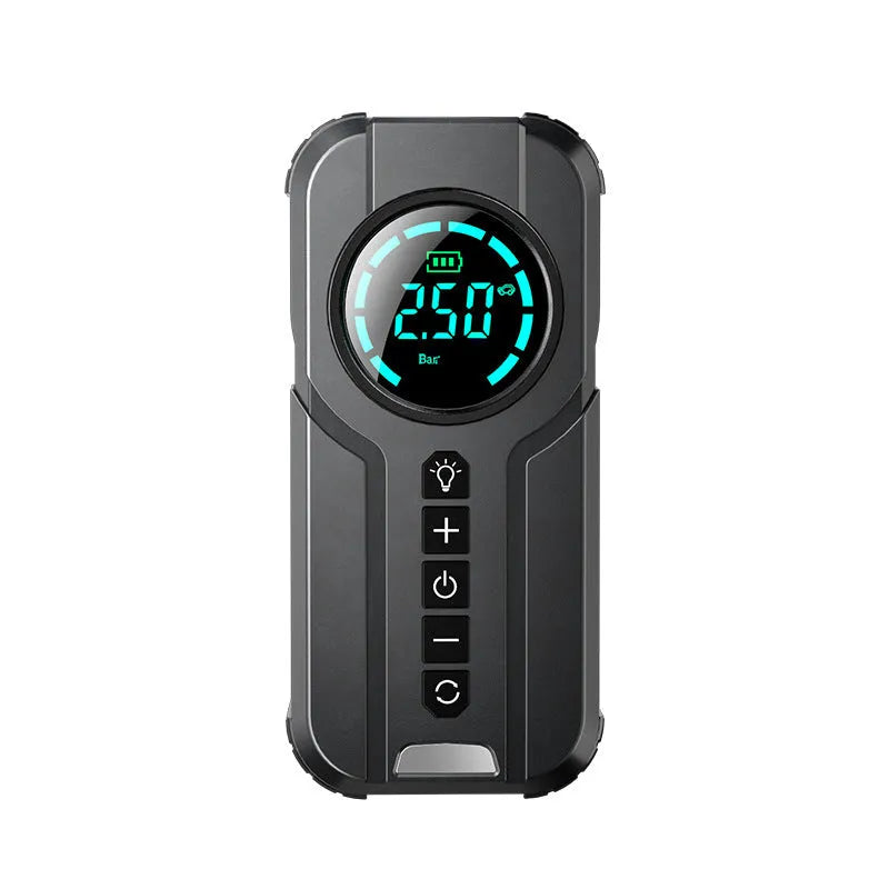 Black wireless portable car air pump with digital display, 6000mAh battery, carry bag, power cable, and assorted inflation nozzles.