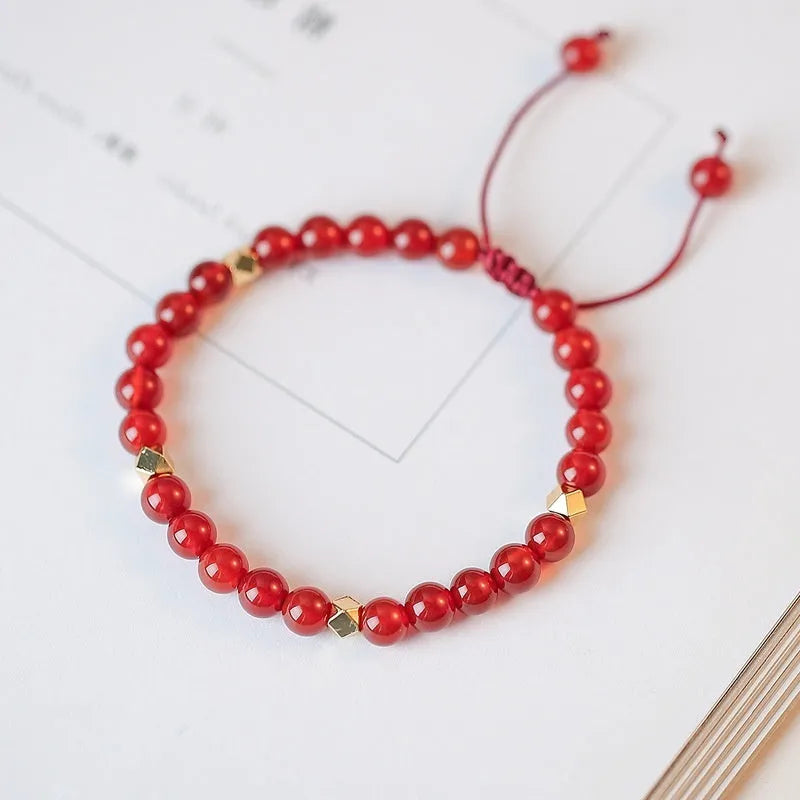 Natural red agate beads bracelet hand-woven diamond shape beads electroplating finish unisex ethnic style