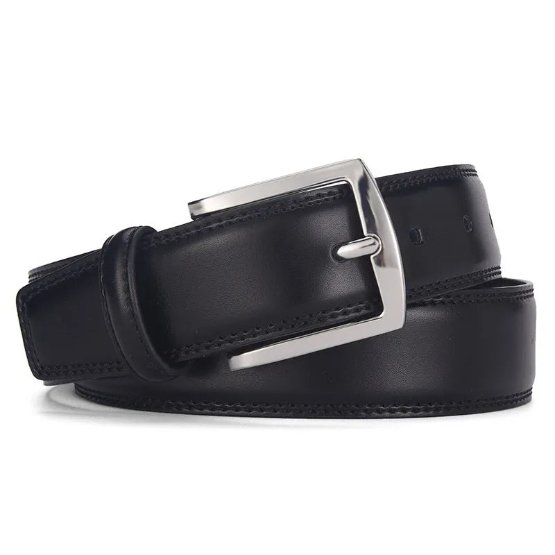 Men's black genuine leather belt with a silver alloy pin buckle fastened, showing glossy patent leather finish.