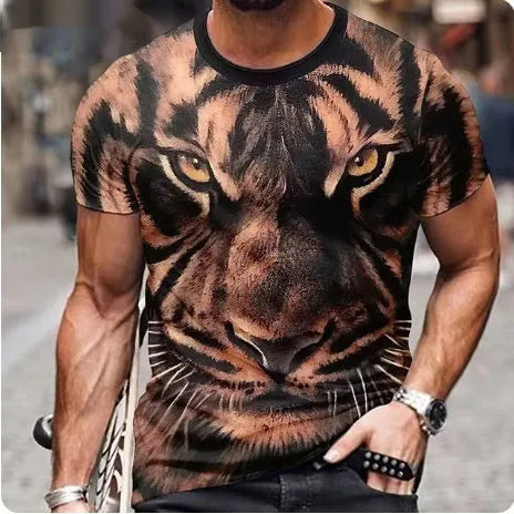 Men's grey T-shirt with a fierce lion's head in raised 3D print on the front.