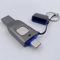 Black fingerprint encrypted USB flash drive showing both USB and USB-C connectors