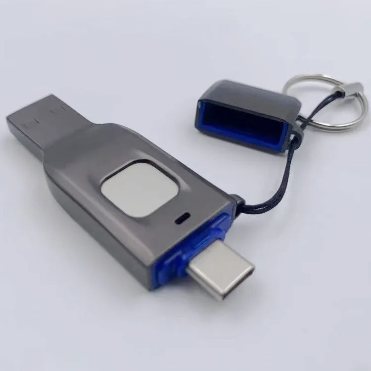 Black fingerprint encrypted USB flash drive showing both USB and USB-C connectors