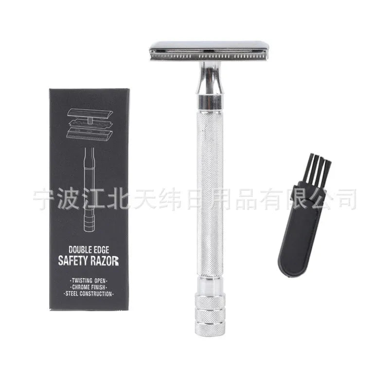 Traditional manual pogonotomy metal shaver scraper and brush set in black or silver finish