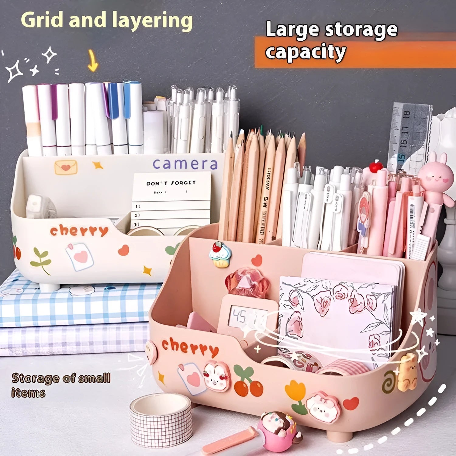 Student desktop pencil case plastic 5-grid storage box in milky white with stickers and patch
