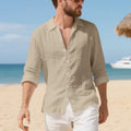 A loose-fit linen casual shirt in an earthy yellow colour, showing a non-iron texture and American-style collar.